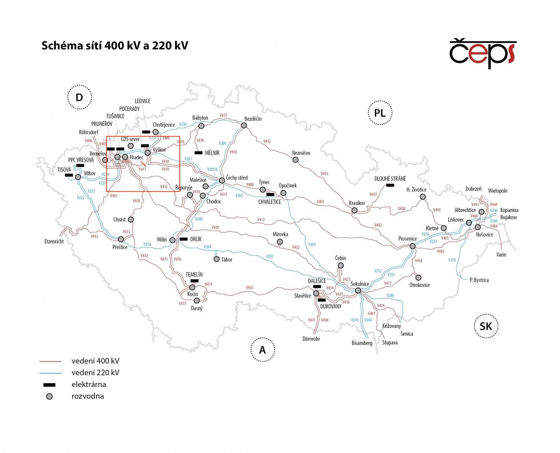Mapa české přenosové soustavy s dotčenými vedeními a rozvodnami